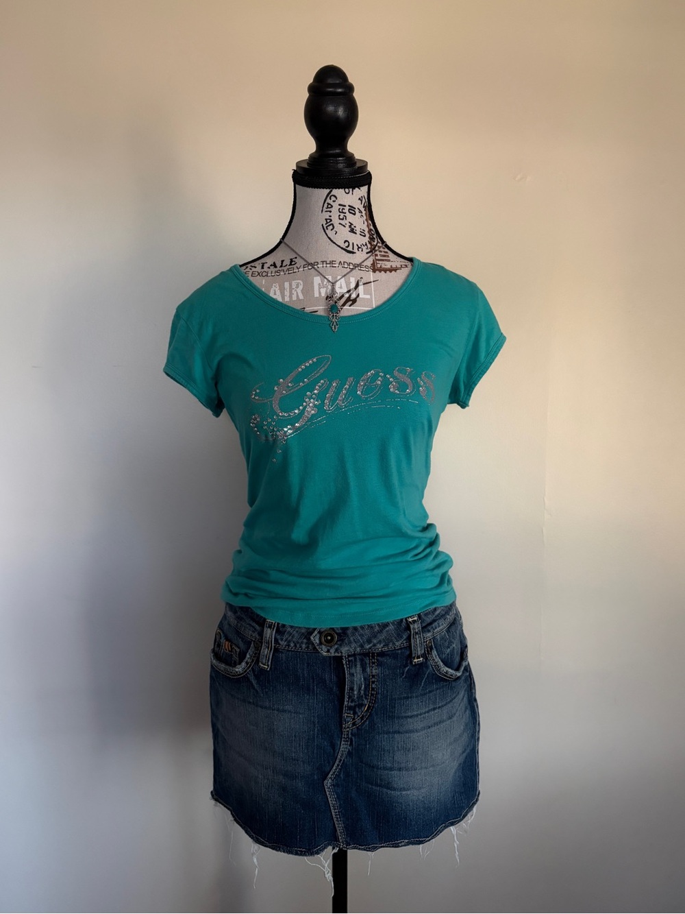 Y2K Guess Teal Rhinestone Short Sleeve Model Off Duty Baby Tee